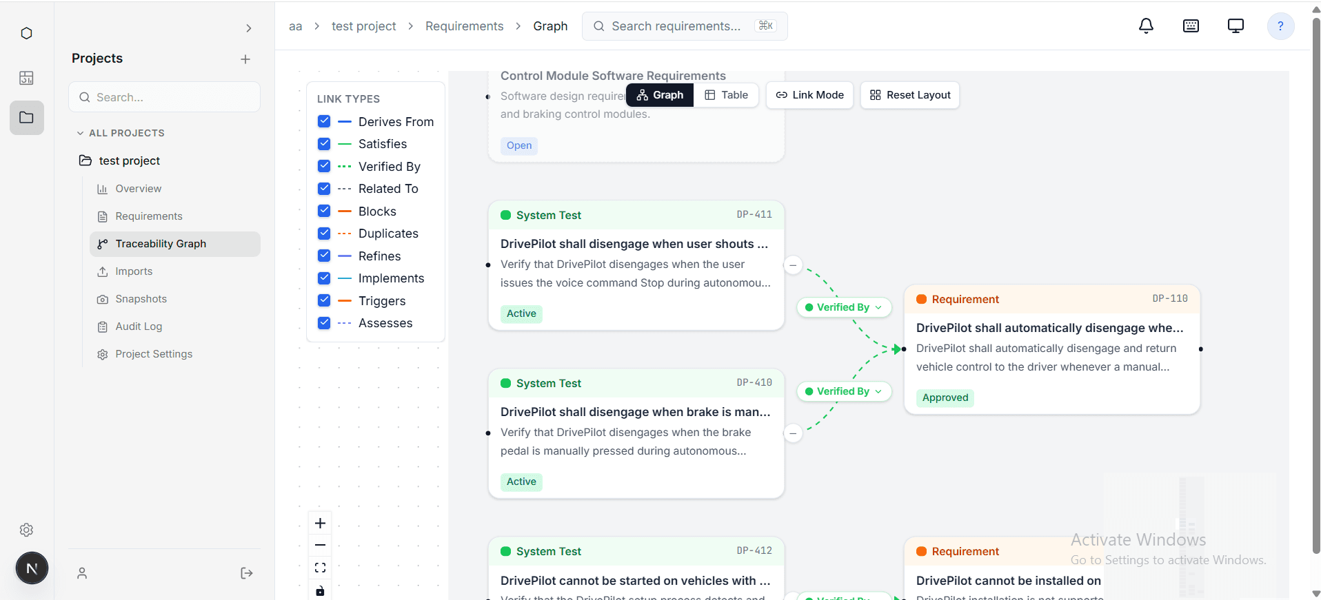Reqlume traceability graph — DrivePilot requirements